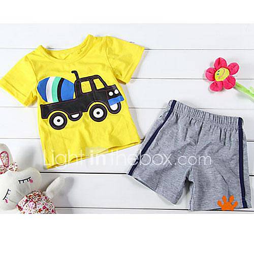 Boys Short Sleeve Round Collar Yellow Car T shirts Grey Short Pants Cotton Twinsets