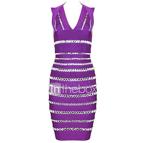 Purple V Neck Stripe Beaded Slim Sexy Bodycon Bandage Dress