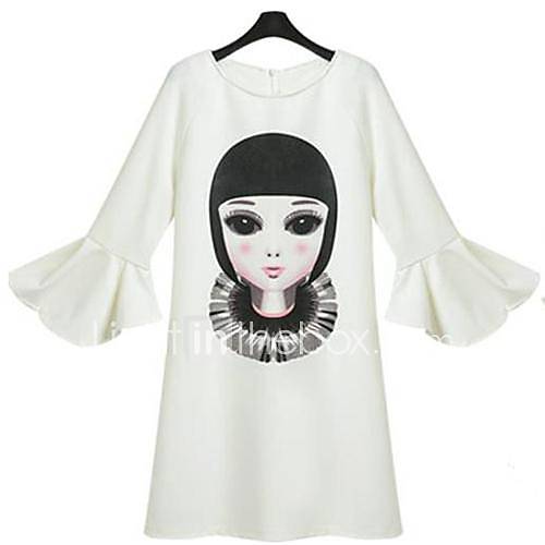 Womens Fashion White Cartoon Lotus Sleeve Straight Mini Dress