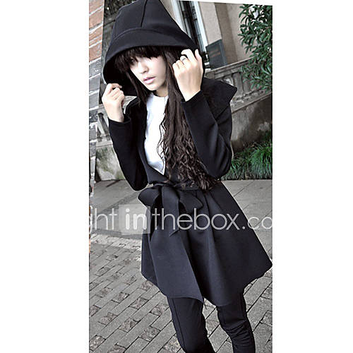 Womens Self belt Long Hoodie Trench Coat