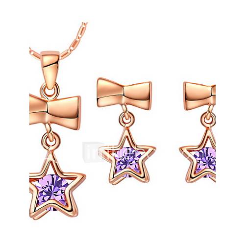 Sweet Silver Plated Purple Cubic Zirconia Star With Bowknot Womens Jewelry Set(Necklace,Earrings)(Gold,Silver)