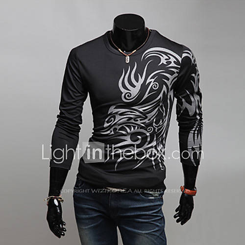 URUN Print Round Collar Long Sleeve T Shirt(Black)