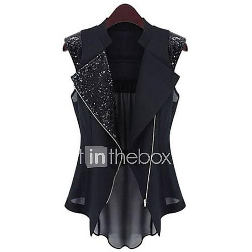 Ladies Fashion Handsome Sequined Embellishment Zipper Collar Vest