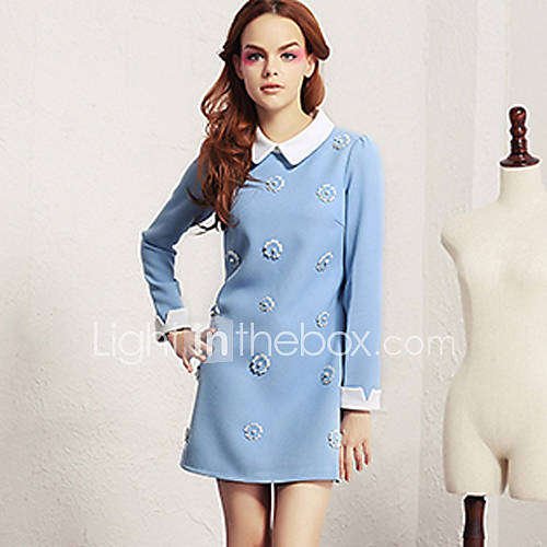 Lishang Womens Cute Doll Collar Solid Color Long Sleeve Dress(Blue)