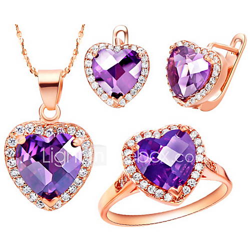 Shining Alloy Gold Plated With Cubic Zirconia Heart Womens Jewelry Set(Necklace,Earrings,Ring)(Red,Purple)