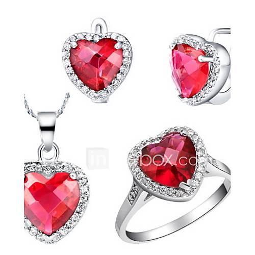 Classic Silver Plated Silver With Cubic Zirconia Heart Womens Jewelry Set(Including Necklace,Earrings,Ring)