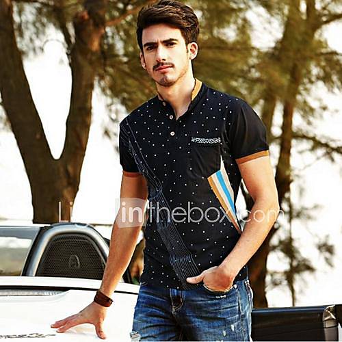 Mens Stand Collar Dots Print Casual POLO T shirt