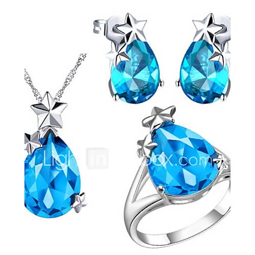 Charming Silver Plated Cubic Zirconia Drop With Star Womens Jewelry Set(Necklace,Earrings,Ring)(Blue,Red,Purple)