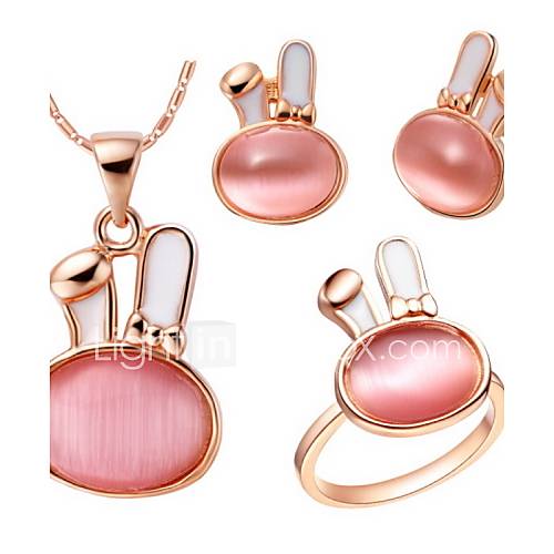 Sweet Goldr Plated Gold With Pink Opal Rabbit Shaped Womens Jewelry Set(Including Necklace,Earrings,Ring)