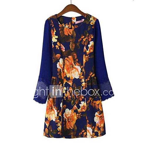 Womens Doll Collar Long Sleeves Plus Size Dogs Printed Casual Dress
