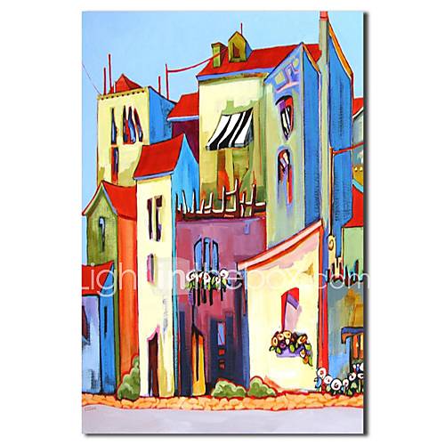Hand Painted Oil Painting Landscape Cartoon Building with Stretched Frame