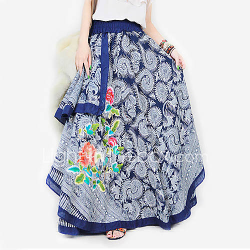 Retro Fashion Cotton Hemp Batik Embroidery Rose Pattern Multilayer Irregular Long Dresses(Random Texture Pattern)