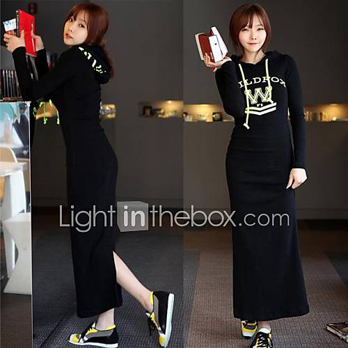 Womens Casual Fluorescent Print Bodycon Hooded Black Maxi Dress
