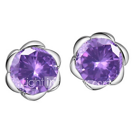 Sweet Silver Plated Silver With Purple Cubic Zirconia Flower Shape Womens Earring