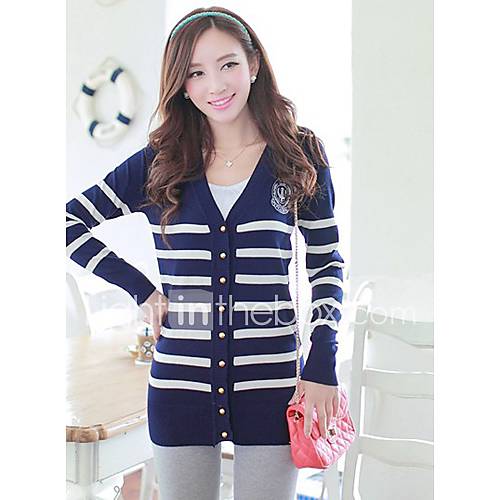 DGWE Womens Naval Stripe Cardigan Stripe Long Big Yards Sweaters(Dark Blue)