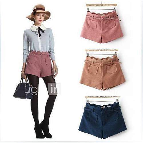 Womens Fashion Woolen Winter Thick Slim Short Pants with Belt