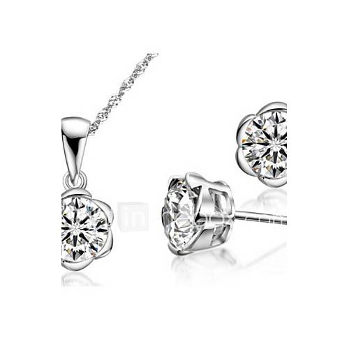 Classic Silver Plated Silver With Cubic Zirconia Flower Shaped Womens Jewelry Set(Including Necklace,Earrings)