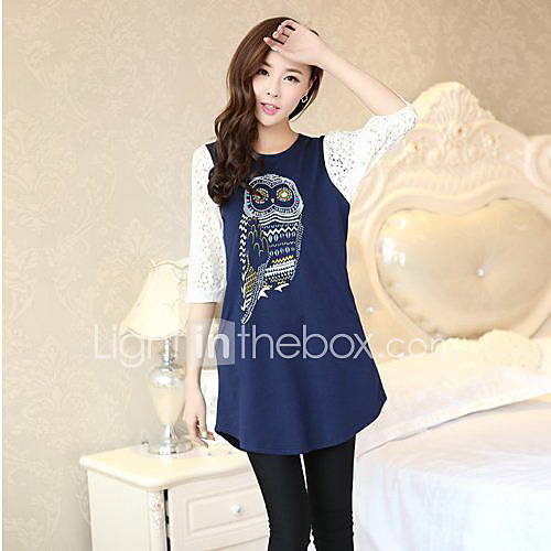 CoolCube Womens Sweet Round Neck Owl Pattern Lace Sleeve A line Dress