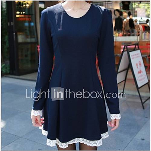 MUH WomenS Clothing Han Edition Lace Draw String Waist Dress(Dark Blue)