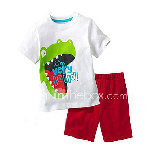Boys Short Sleeve Round Collar White Dinosaur T shirts Red Short Pants Cotton Clothing Sets