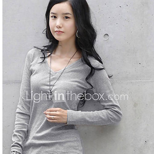 DGWE Womens V Neck Long Sleeve Unlined Upper Garment Pure Color T Shirt(Gray)