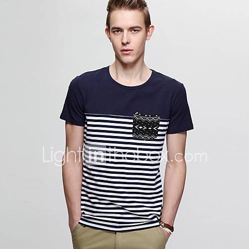 Mens Round Neck Print Straight Stripes Short Sleeve T Shirt