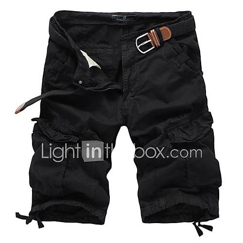 Mens Solid Color Multi Pocket Straight Shorts(without Belt) 3610 Black