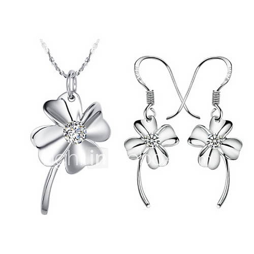 Classic Silver Plated Silver With Clear Cubic Zirconia Clover Womens Jewelry Set(Including Necklace,Earrings)