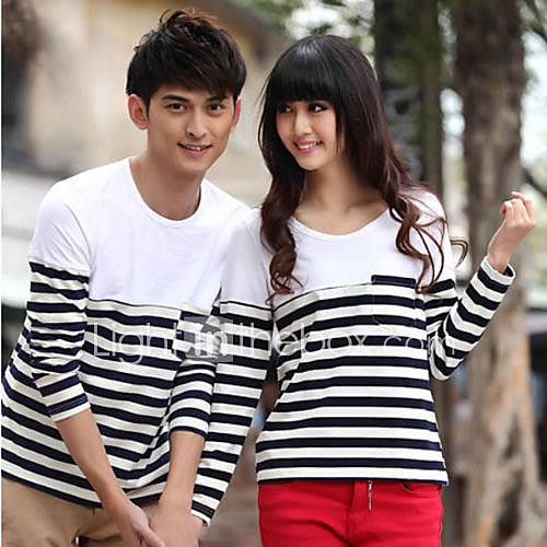 Aiyifang Casual Stripe Round Neck Big Size T Shirt(White)