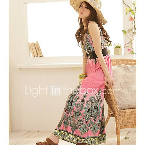 DGWE Womens Bohemian Hanging Neck Seaside Beach Resort Big Yards Dress(Pink)