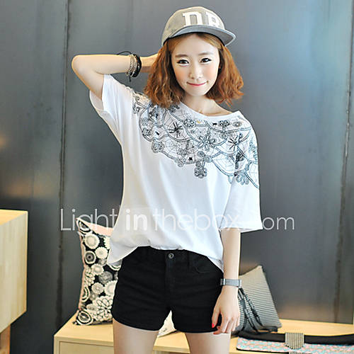 KYJ Womens Round Collar Oversized T Shirt with Lace Print (More Colors)