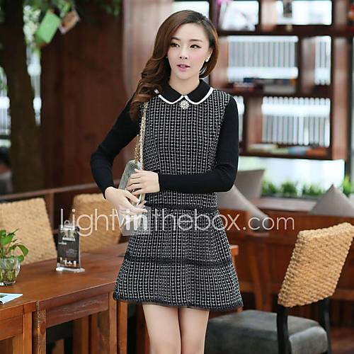 Womens Peter Pan Collar Plaid Grid Splicing Knit Long Sleeve Cultivate Ones Morality Show Thin Clothes
