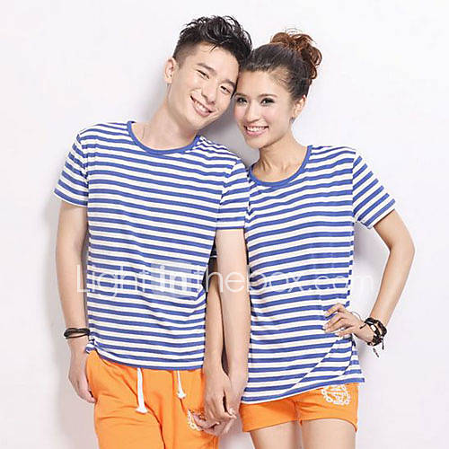 Aiyifang Casual Stripe Short Sleeve Lovers T Shirt(Blue)