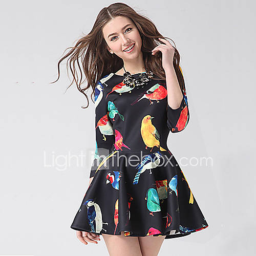 Lishang Womens European Style Colorful Print 3/5 Sleeve Dress(Black)