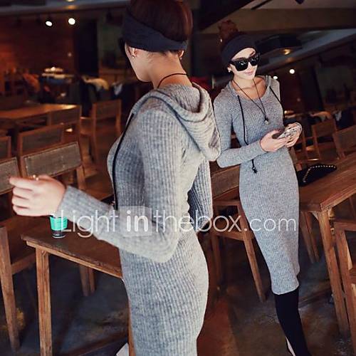 Womens Casual Long Sleeve Hooded Bodycon Dress