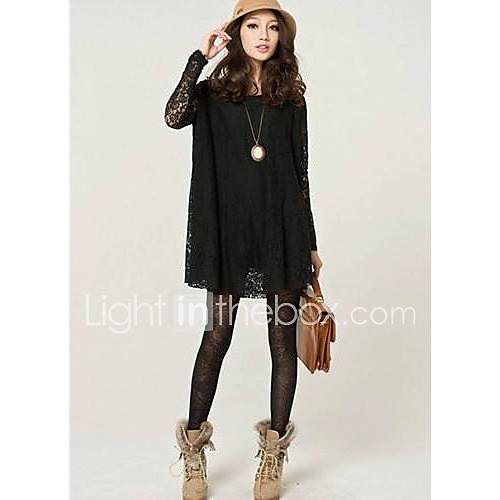 Womens Round Collar Lace Loose Solid Color Dress