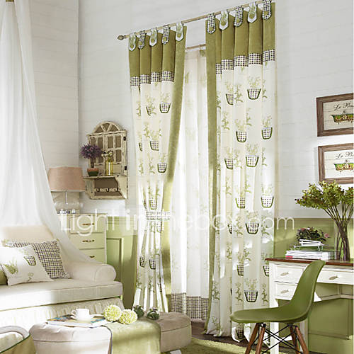 (One Pair Tap Top) Country Fresh Style Pot Plants Pattern Energy Saving Curtain