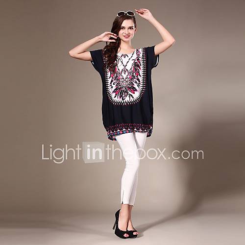 Maya Womens Round Neck Bohemian Style Feather Print Casual Dress