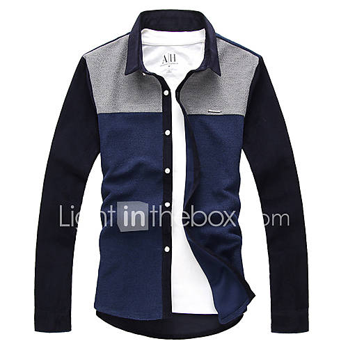 YiRANCP Mens Korean Style Check Pattern Splicing Fitted Long Sleeve Shirt(Blue)