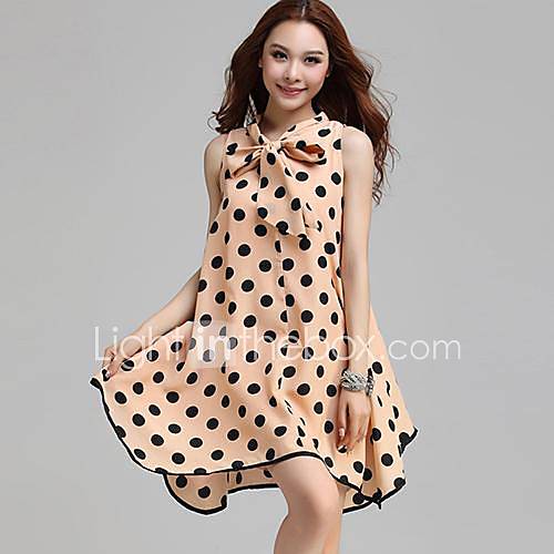 Womens Polka Dots Bow Sleeveless Asymmetrical Mini Dress