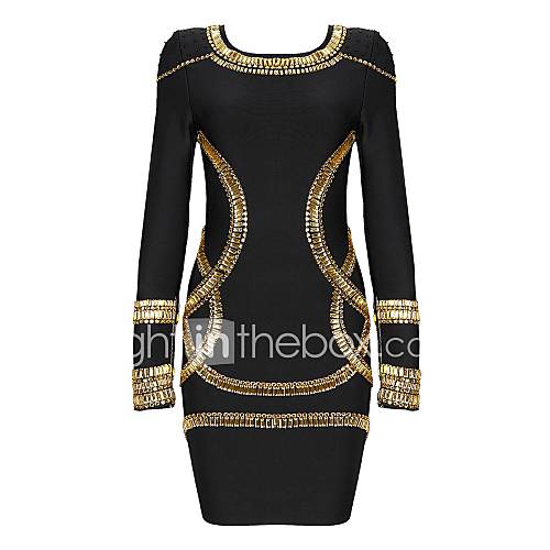 Black Luxurious Beaded Long Sleeve Bodycon Bandage Dress