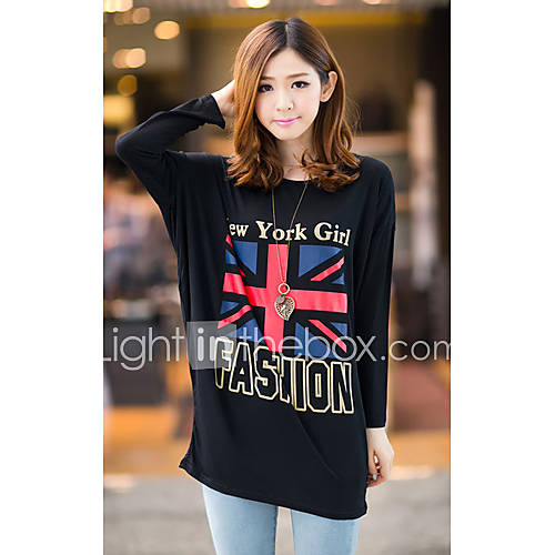 Uplook Womens Casual Round Neck Black The Union Flag Pattern Loose Fit Batwing Long Sleeve T Shirt 301#