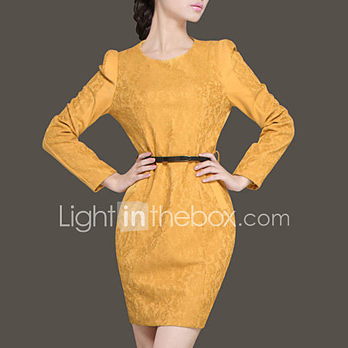 Lifver Womens Round Neck Fitted Yellow Dress