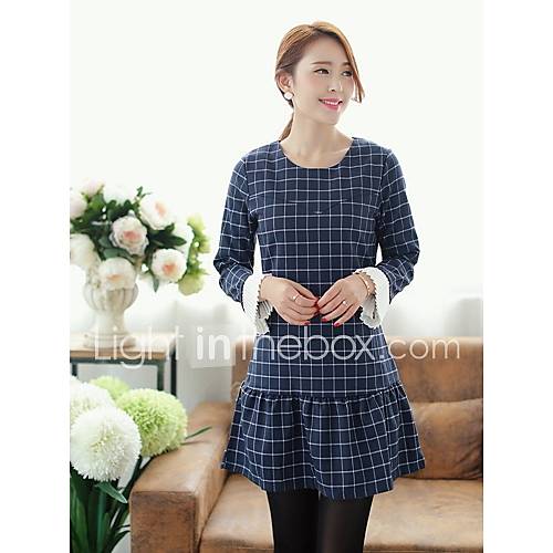 Womens Spring Fashion Temperament Slim Check Long Sleeve Dress