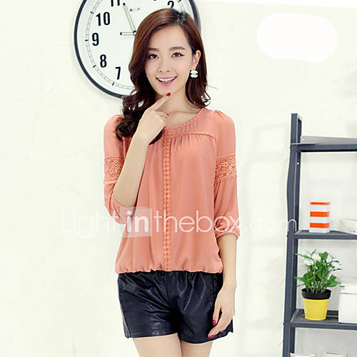 LCL Casual Middle Sleeve Cut Out Chiffon Round Neck Lace Joint Shirt(Pink)