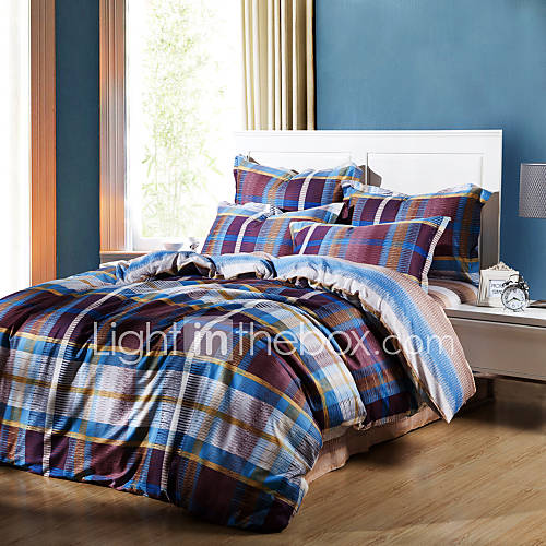 Duvet Cover Set,4 Piece Reactive Print 100% Cotton Mediterranean Simple Plaid