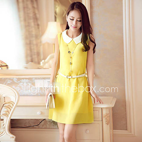 ZJ Womens Pan Collar Sleeveless Chiffon Bodycon Yellow Dress With Belt