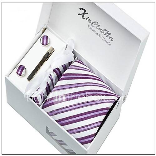 Mens Fashionable Purple White Striped Polyester Ties Set (breatpin random)