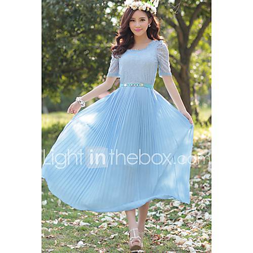 Jingpin Mid Sleeve Waisted Temperament Dress (Blue)