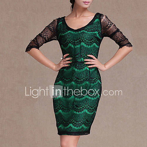 Lifver Womens Wave Print Bodycon Cropped Sleeve Green Dress